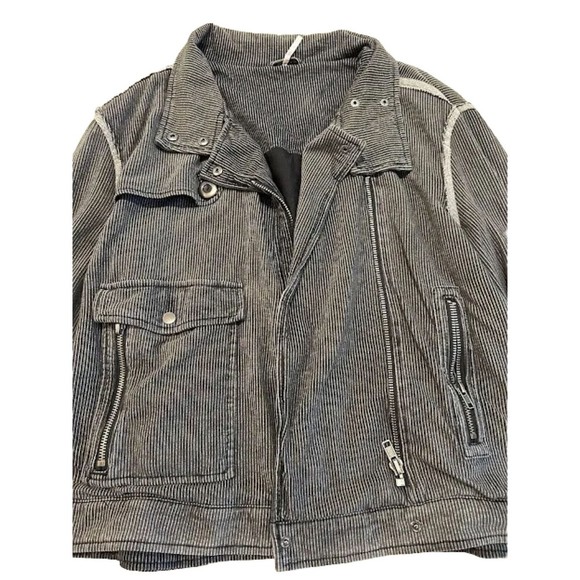 FREE PEOPLE Sz XS Gray Railroad Stripe Moto Jacket Soft Cotton Zippered - Picture 4 of 7